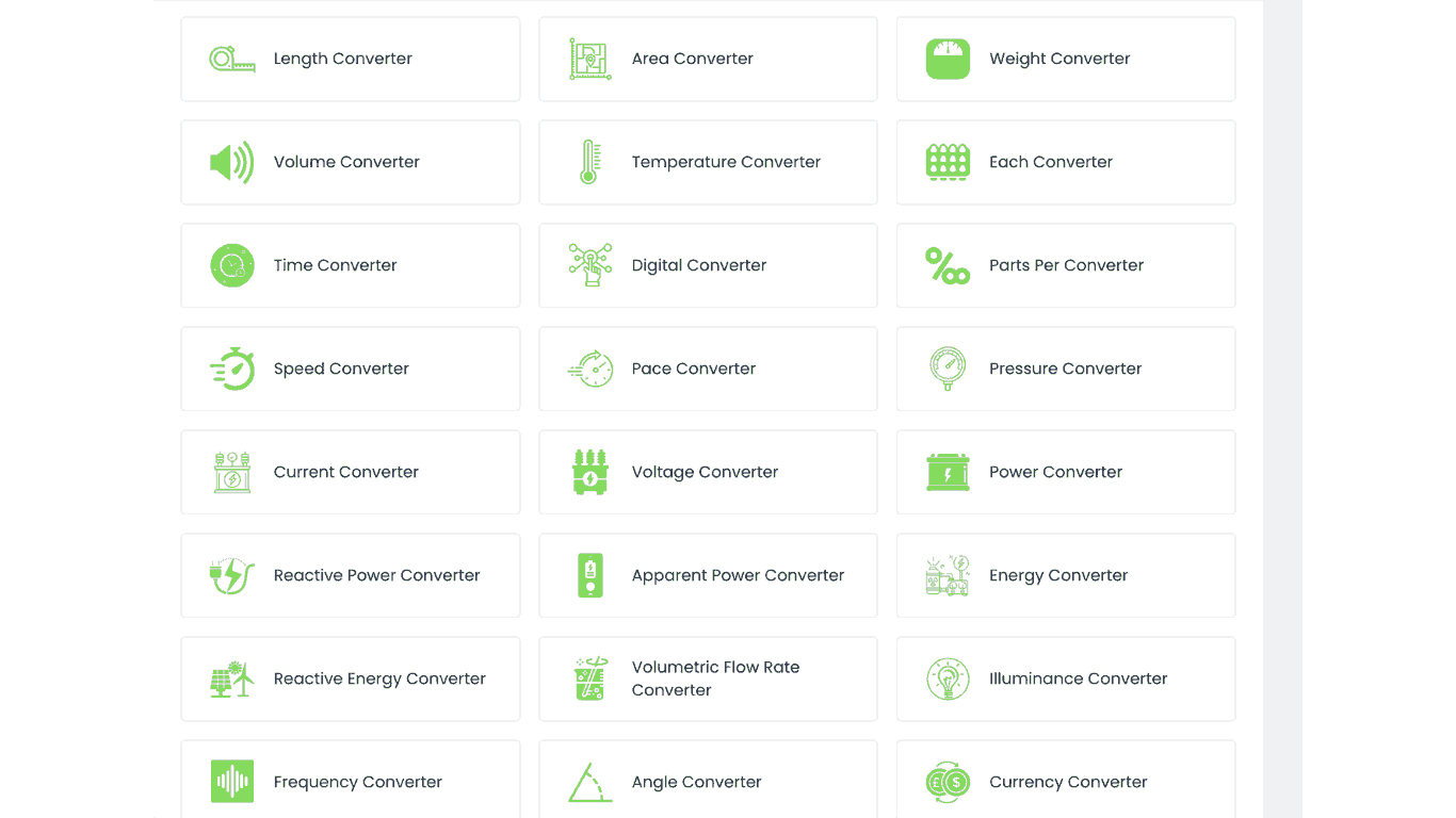 Screenshot showcasing WebmastersBox's extensive unit conversion tools, including currency, temperature, area, length, weight, and more, designed for quick and efficient conversions across a wide range of categories like voltage, power, energy, and numerals