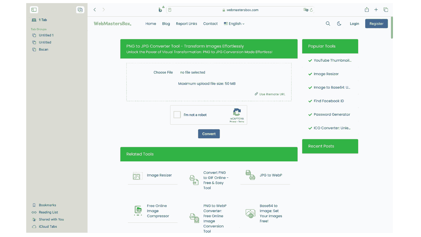 image shows Step 1: User inputs WebmastersBox PNG to JPG Converter Tool into their browser