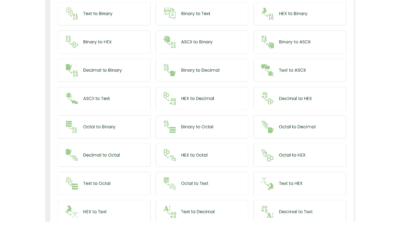 Screenshot of WebmastersBox Binary Converter Tools, offering a wide range of conversion utilities for developers and coders, including Text to Binary, Binary to ASCII, HEX to Decimal, and more, ideal for efficient data processing and conversion tasks.