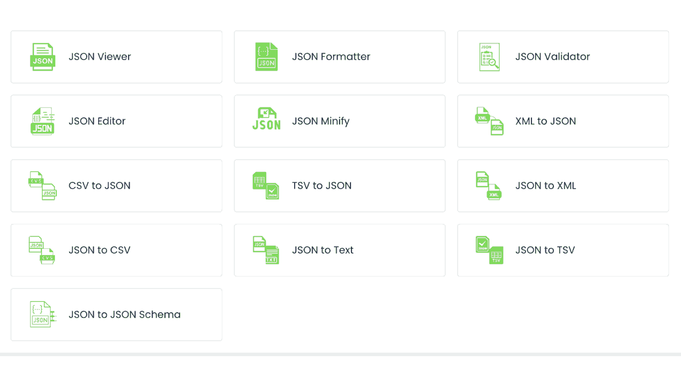 Screenshots showcasing WebmastersBox, a comprehensive development toolkit offering a variety of JSON tools including JSON Viewer, Formatter, Validator, Editor, Minify, and converters for XML, CSV, TSV to JSON, plus JSON to XML, CSV, Text, TSV, and Schema.