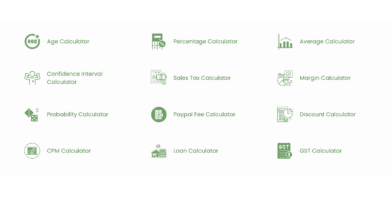 Screenshot of WebmastersBox's online calculator section, offering a wide range of calculators including age, percentage, average, confidence interval, sales tax, margin, probability, and more