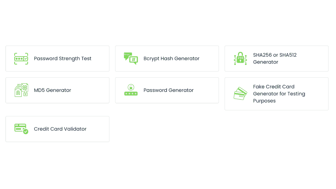 Screenshot of WebmastersBox Security Tools page, offering password and hash generators, credit card validation tools, and resources for enhancing online safety.