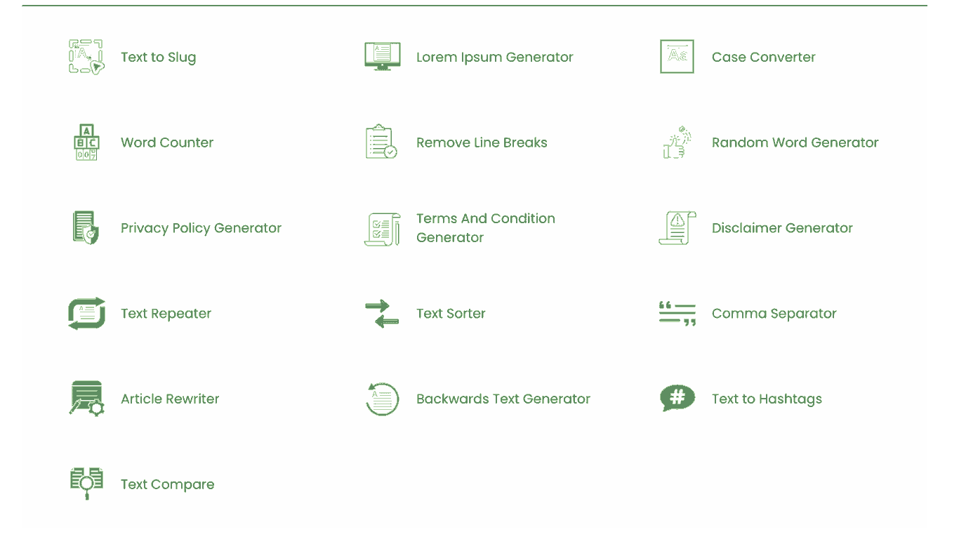 Screenshot of WebmastersBox's text content tools suite, featuring utilities for generating lorem ipsum, converting text cases, counting words, and more