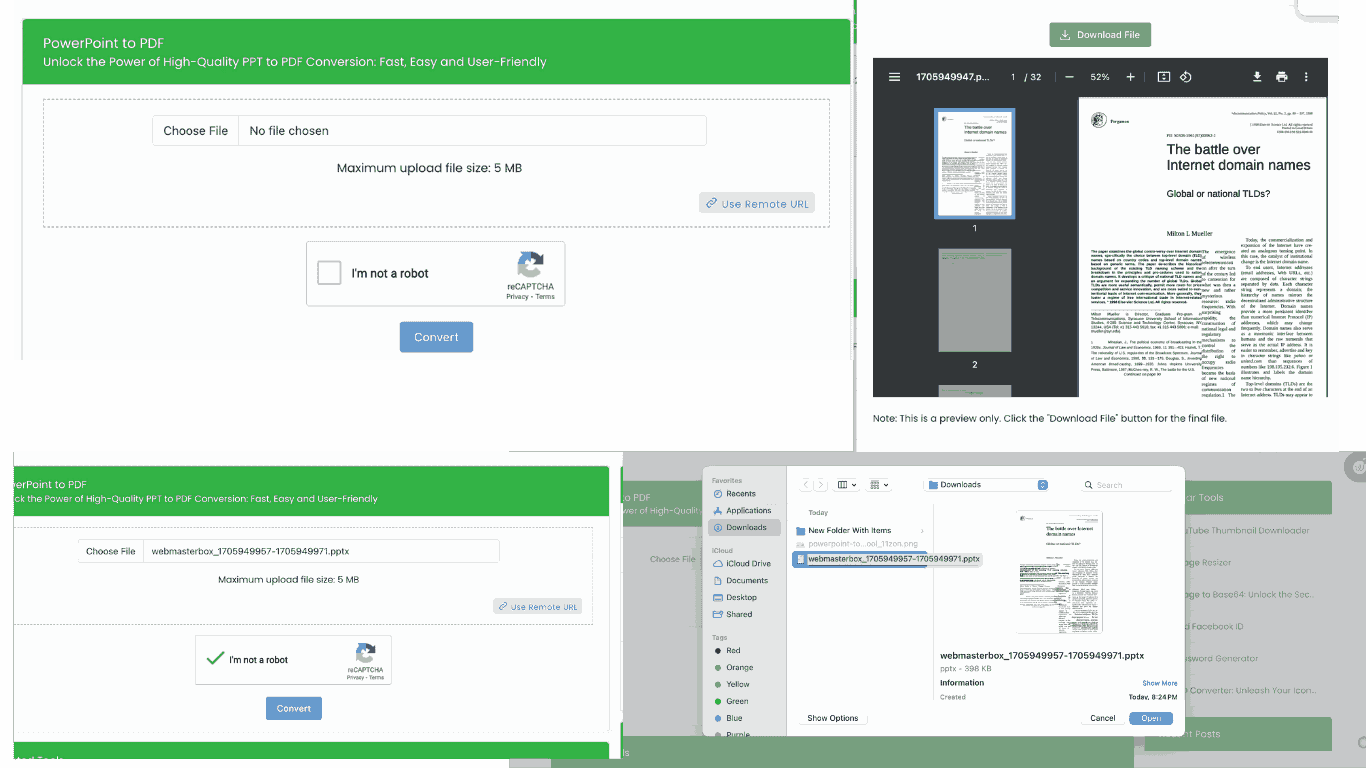 Screenshot of a step-by-step guide titled 'How to Convert PowerPoint to PDF' featuring instructions on using a PowerPoint to PDF converter tool. The guide includes clear steps such as uploading the PowerPoint file, selecting conversion settings, and downloading the converted PDF. Visuals show each step in the process with corresponding screenshots and brief descriptions, ensuring users can easily follow along to convert their PowerPoint presentations into PDFs